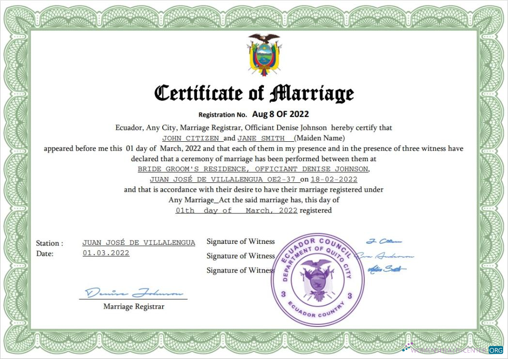 Download Ecuador marriage certificate Word and PDF template Photoshop template